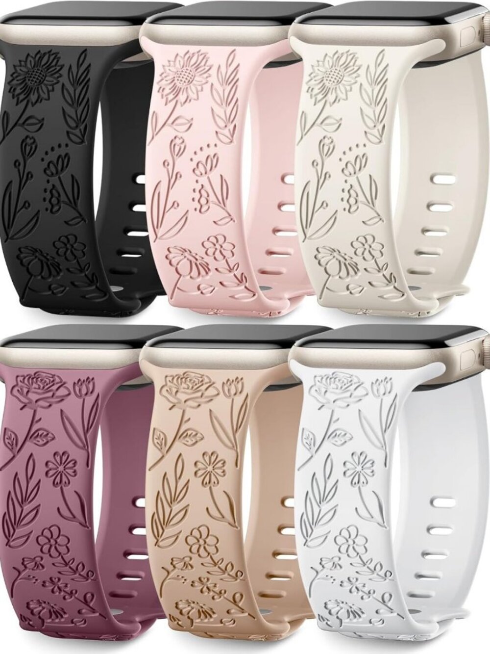 Floral Silicone Apple Watch Bands - 6 Pack, Compatible with 38mm to 49mm, Unisex